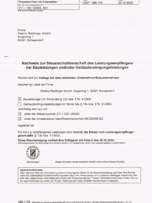 Steuerschuldnerschaft Leistungsempfänger bei Elektro Radlinger GmbH in Schwandorf